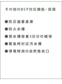 その他のBCP対応機能・設備：防災備蓄倉庫、防火水槽、受水槽容量3日分の確保、緊急時対応汚水槽、停電時用の自然換気口